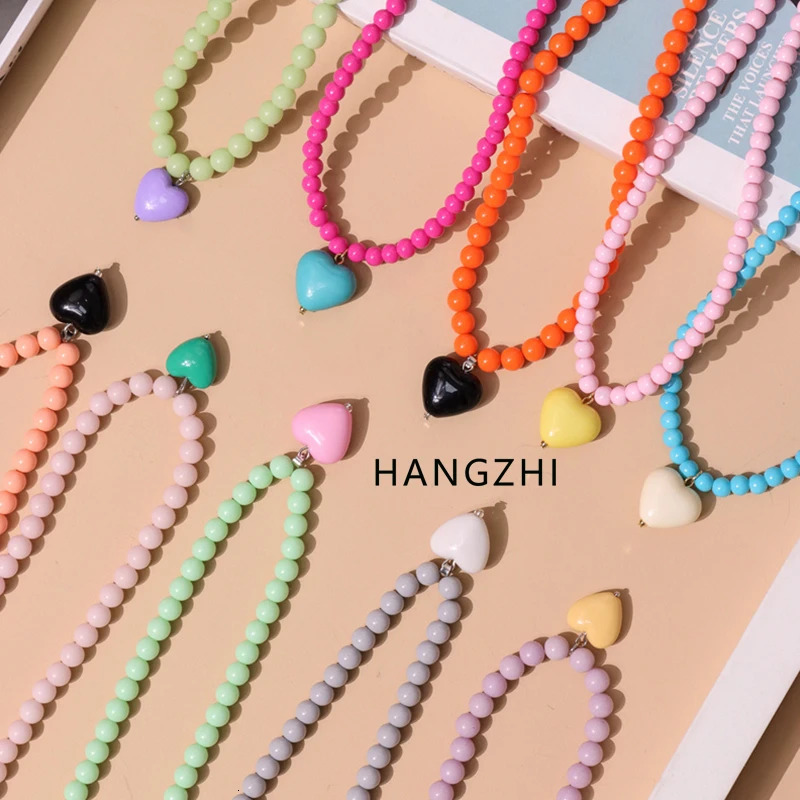 HANGZHI Color Beaded Chain Resin Heart Pendant Necklace For Women Girls Trendy Clavicle Chain Delicate Jewelry Gift 250729