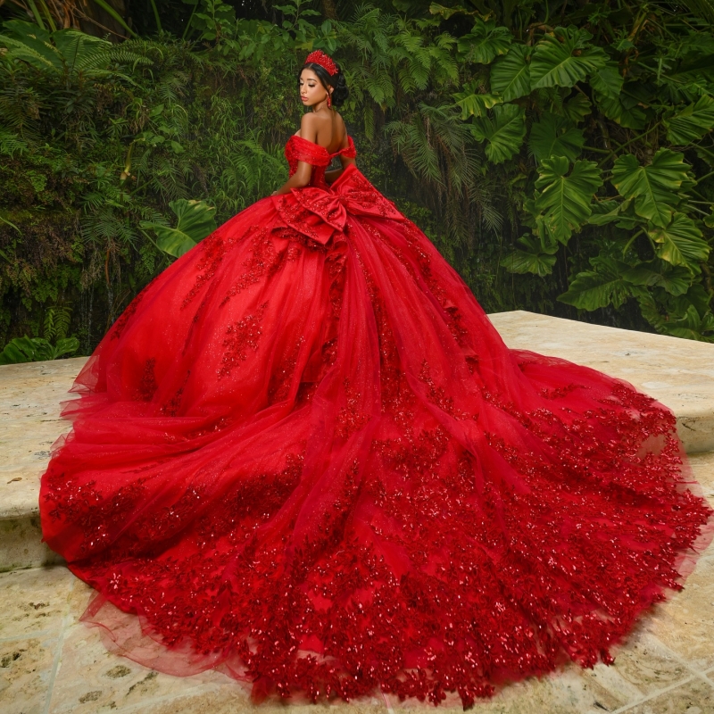 Red Shiny Quinceanera Dresses Off The Shoulder Appliques Lace Bead Bow Tull Ball Gown Sweet 16 Dress Vestidos De 15 Anos