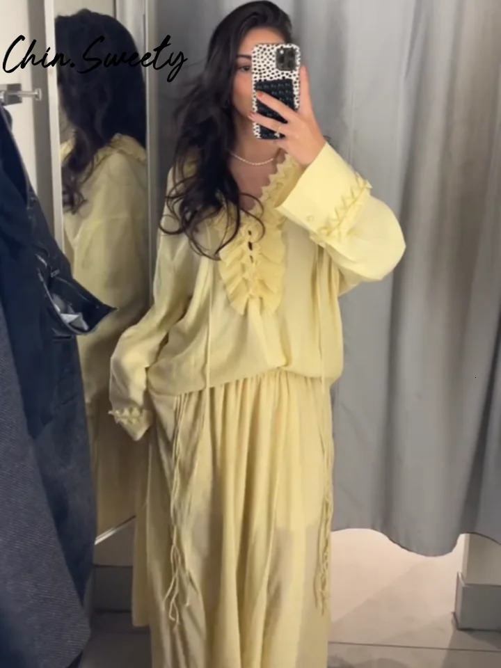 Spring Summer Vacation Womens Casual Solid Shirt Skirt Set V-neck Lace Up Shirts Ruffles Top Pleated Skirts Lady Suit 250725