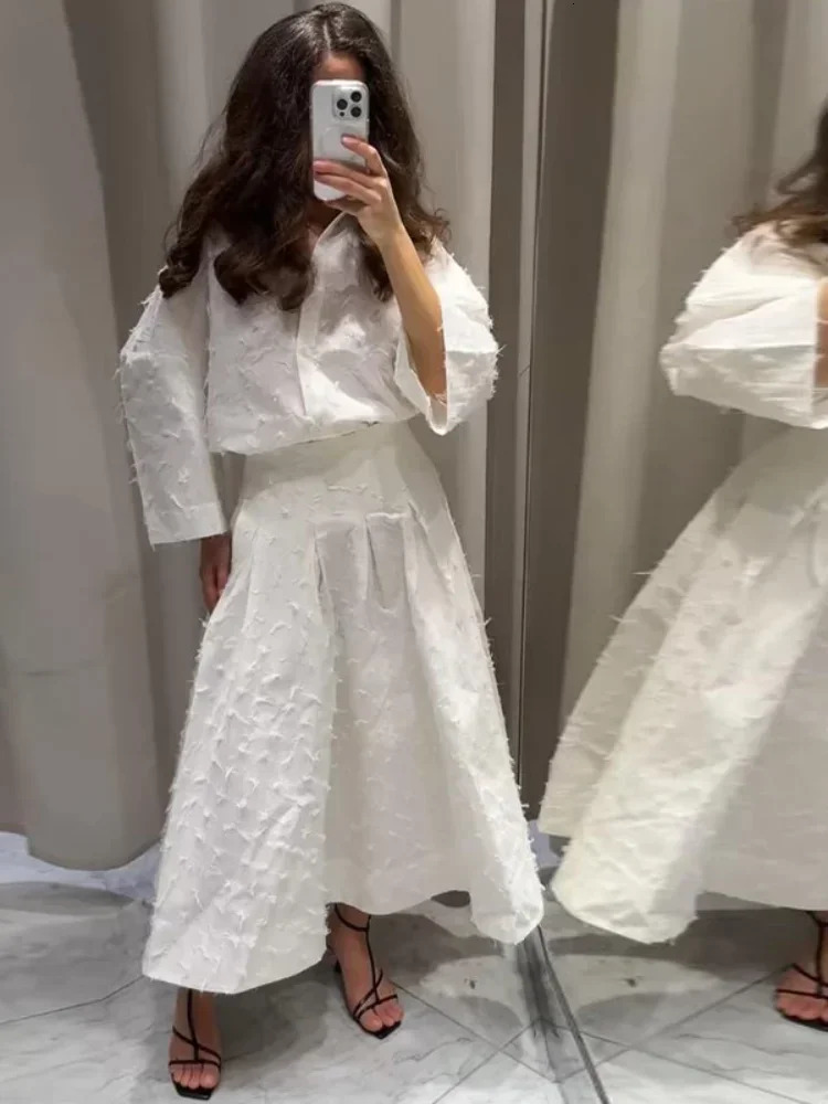 Fashion Pleated High Waist Bow Aline Skirt Set Women Long Sleeve Lapel Shirt With Pocket Skirts Suit Summer Lady Streetwear 250730