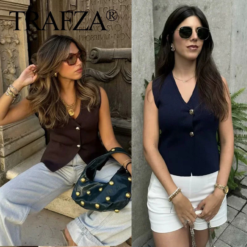 TRAFZA Women Knitted Skirt Set Beige VNeck Sleeveless Slim Vest Solid Patchwork Long Streetwear Summer Casual 250730