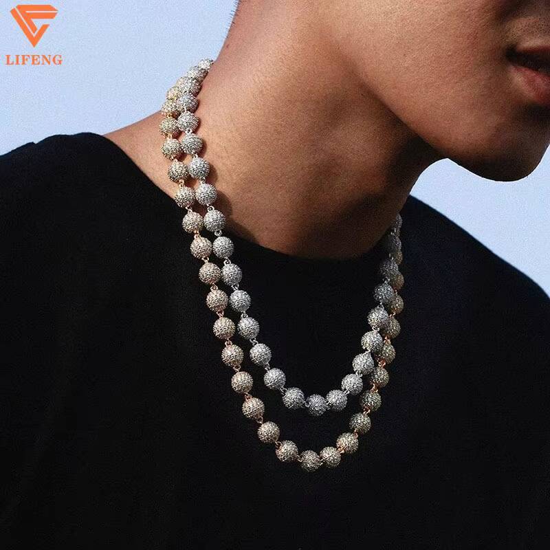 High Quality 10mm Bead Round Ball Link Chain 925 Sterling Silver Iced Out VVS Diamond Moissanite Ball Rapper Necklace for Men