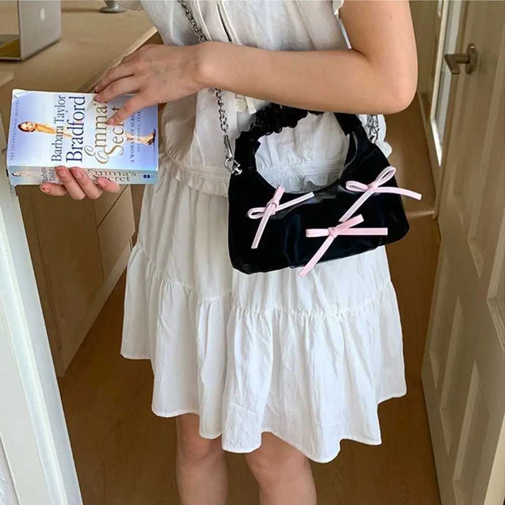Fashion Korean Bow Ribbon Bags Pu Leather Cloud Pleated Shoulder Bag Small Sweet Women Handbags Y250729