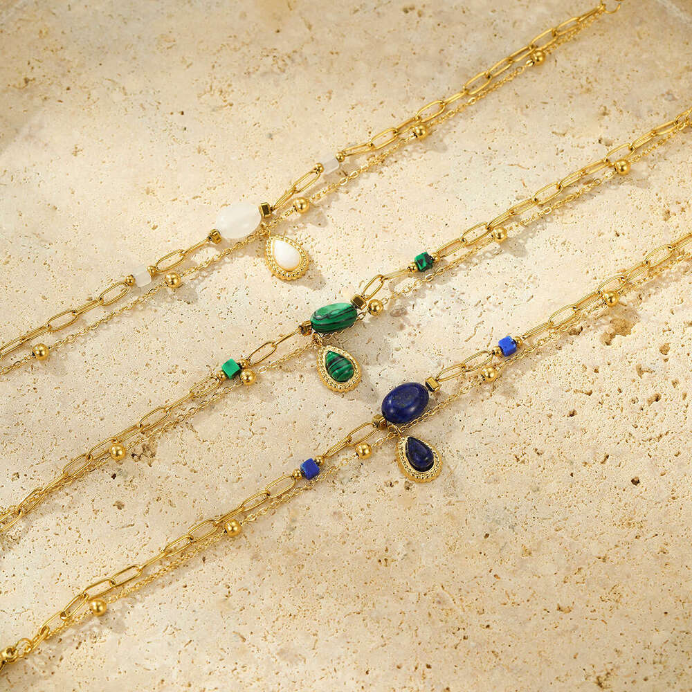 Stainless Steel Fashion Versatile Natural Stone Pendant Layered Bracelet for Women