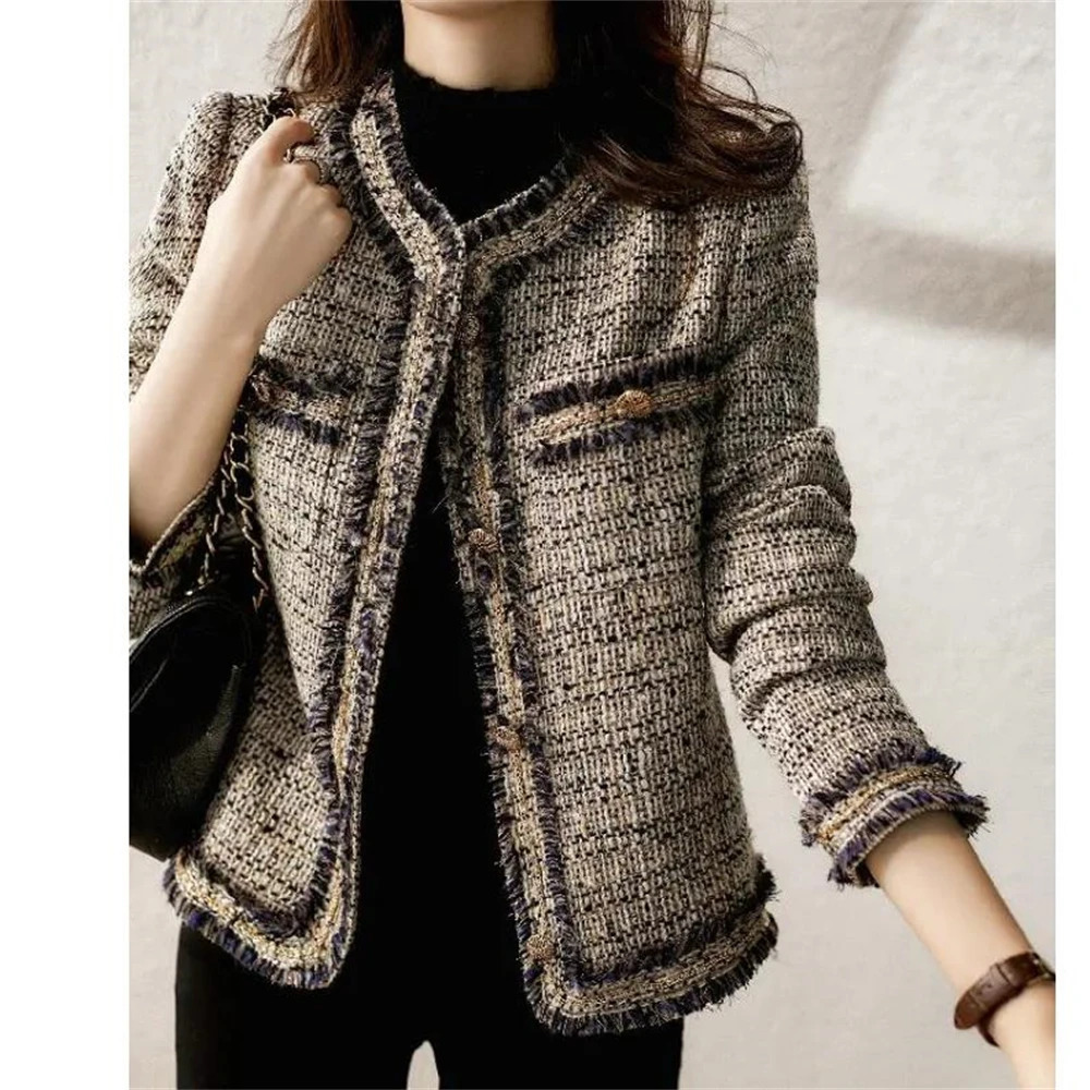 High Quality Small Fragrant Style Tweed Short Jacket Women Autumn Slim Outerwear Ladies Temperament Retroburrs Coat Tops 250730