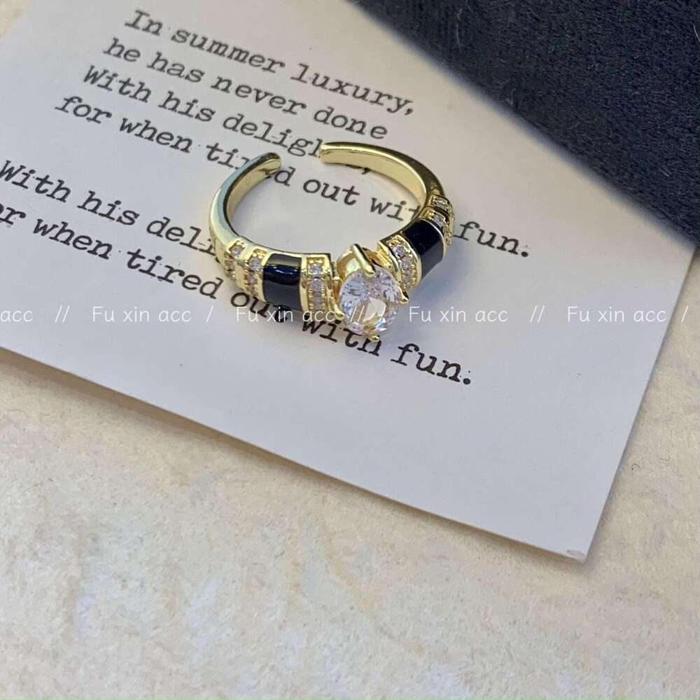 Light Luxury Exquisite Old Money Style Black Zircon Open Fashionable High-end Index Finger Niche Design Personality Ring 234