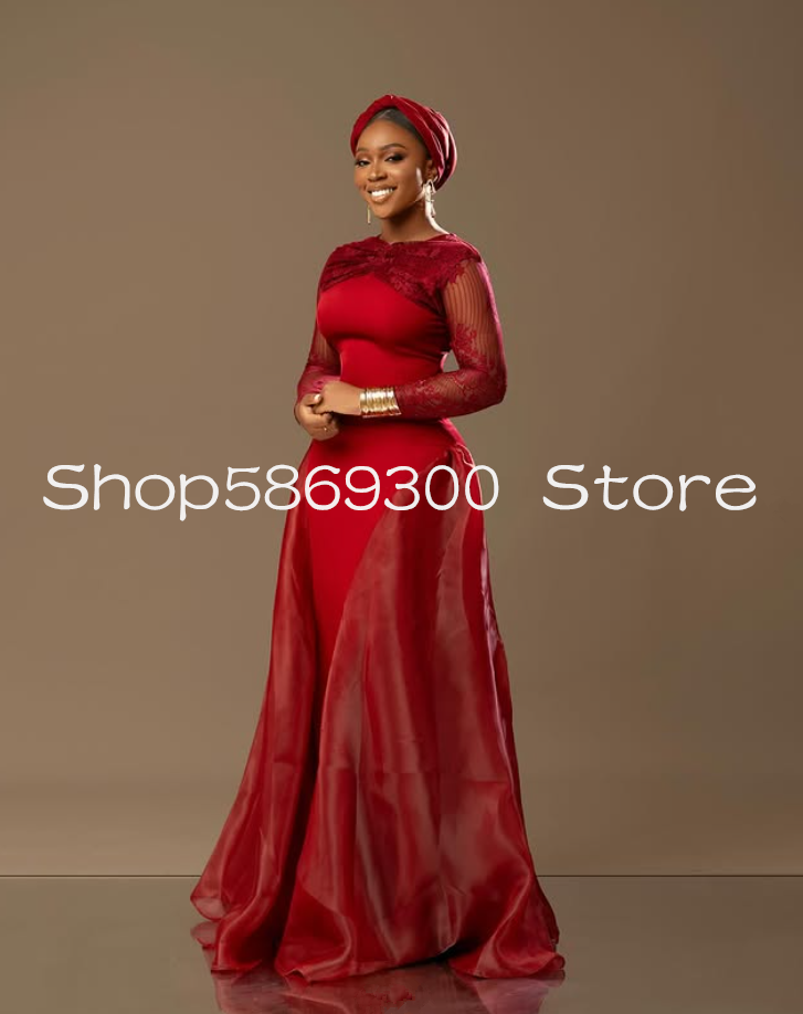 Wine Red African Women Evening Formal Dresses Ruched Lace Organza Long Sleeve Aso Ebi Prom Gala Gown Custmosized