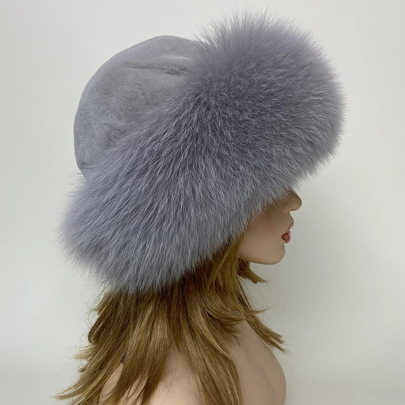 Russian Winter Fur Hat Warm Fluffy Women Round Hat Fluffy Fox Rabbit Fur Bucket Hat 250724