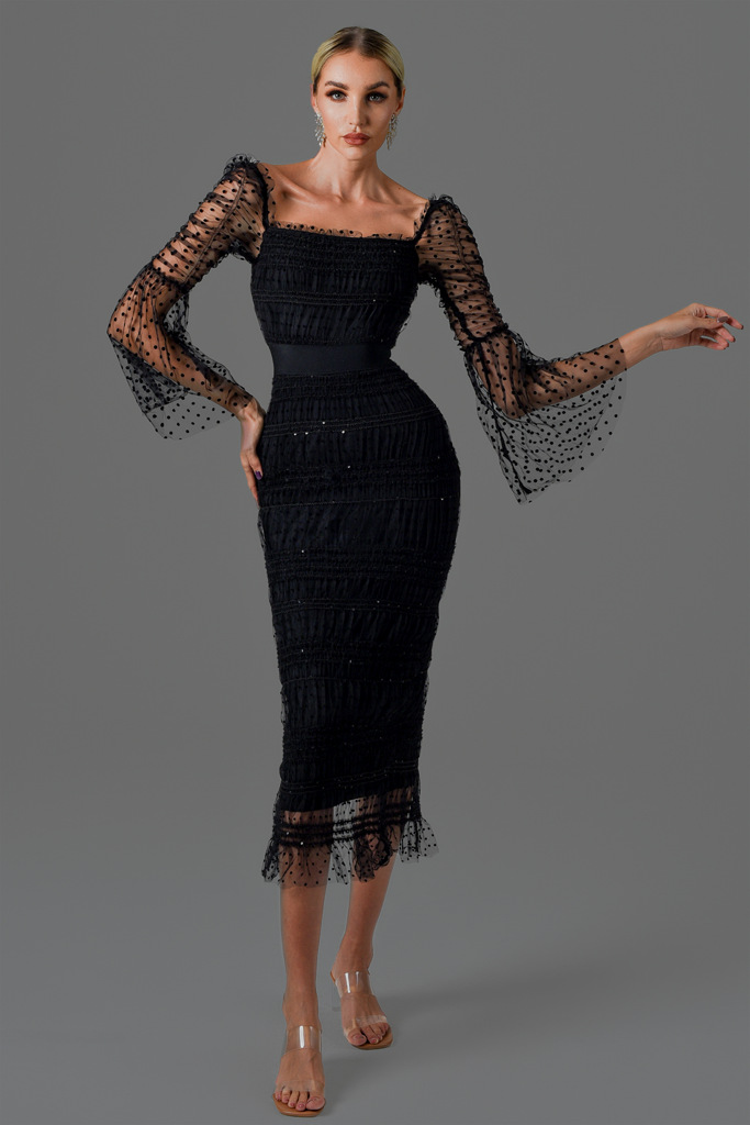 K729Black transparent mesh trumpet sleeve square neck waist dress elegant temperament evening dress