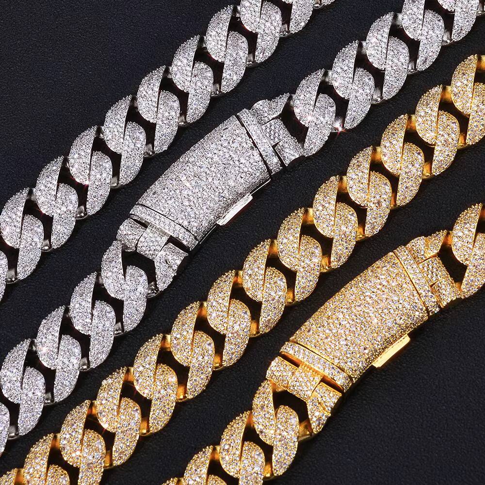 NUOYA 15mm Curved Flip Buckle Cuban Chain 925 Silver Full Iced VVS Moissanite Necklace Mens Heavy Duty Luxury Hip Hop Jewelry