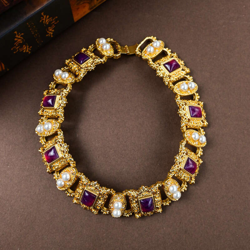 Luxurious Purple Crystal Pearl Necklace and Earrings Set Vintage Style Versatile Autumn Winter Women
