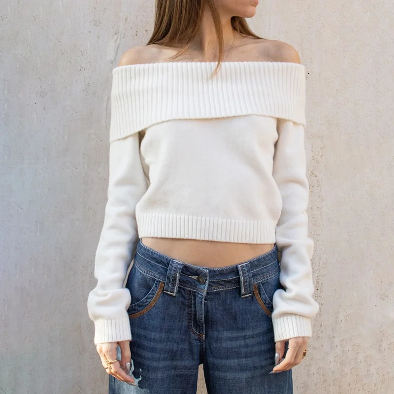 1990s Fairycore Sweater Women Aesthetic Clothes Folding Off Shoulder Long Sleeve Knitted Crop Tops 2000s Clothing Streetwear 250723
