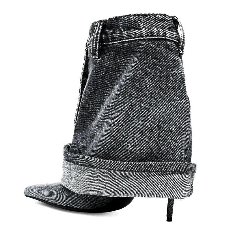Blue Denim Slim Heel Cuffed Short Boots Rivet Pocket n Pointed Toe Metal Buckle High Heel Fashion Large Size 45 Women Boots 250729