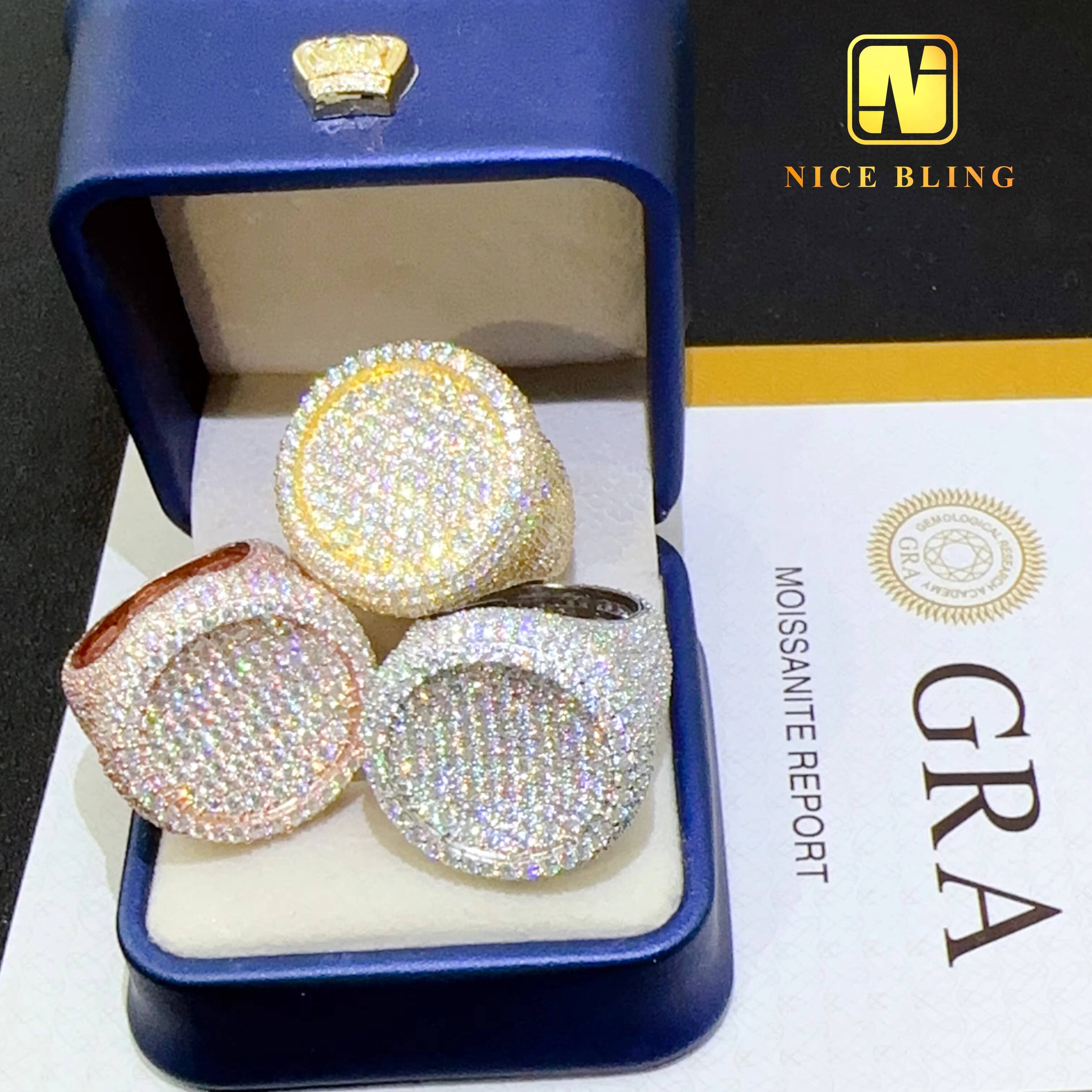 Full Iced Out 925 Silver Round Brilliant Mens Ring Hip Hop Moissanite Diamond Engagement Pinky Rings Pass Diamond Tester