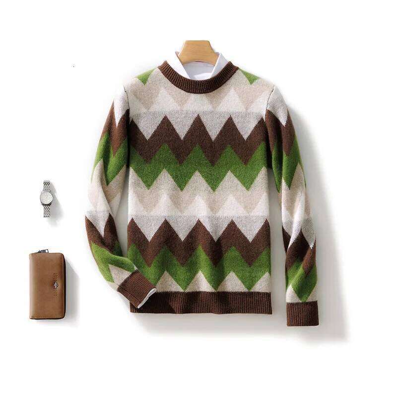 Men's 100% Merino Wool Soft Sweater O-Neck Stripe Pullover Contrast Casual Knitting Jumper Thickened Autumn Winter Loose Top MDNG