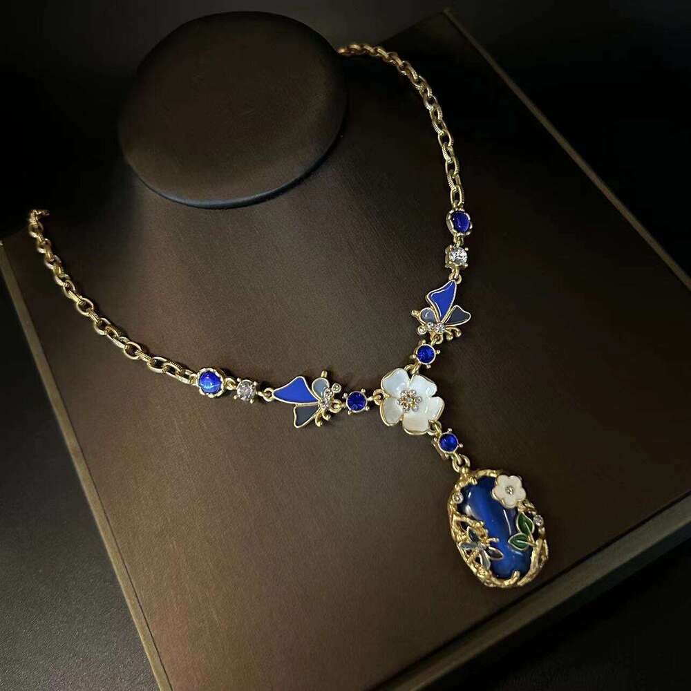 New Chinese Style Enamel Flower Bee Cat Eye Necklace Earrings Fresh Sweet Ear Vintage Jewelry Set