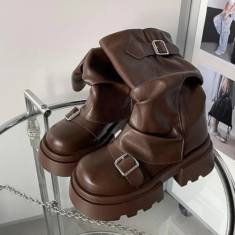 Shoes for Women Mid-Calf Womens Boots Platform Modern Boots Women Belt Buckle Square Toe Side Zip Square Heel Shoes Female 250729