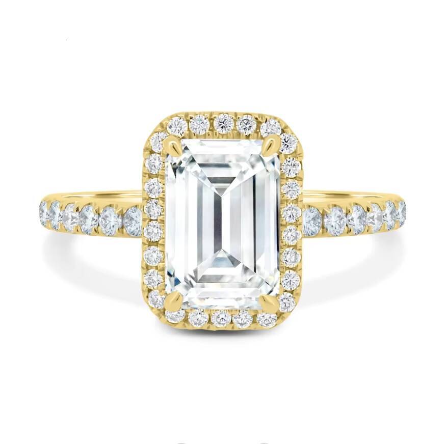 Fine Jewelry Custom Real 14k 18k Solid Gold Halo Emerald Shape Lab Grown Diamond Engagement Band Ring