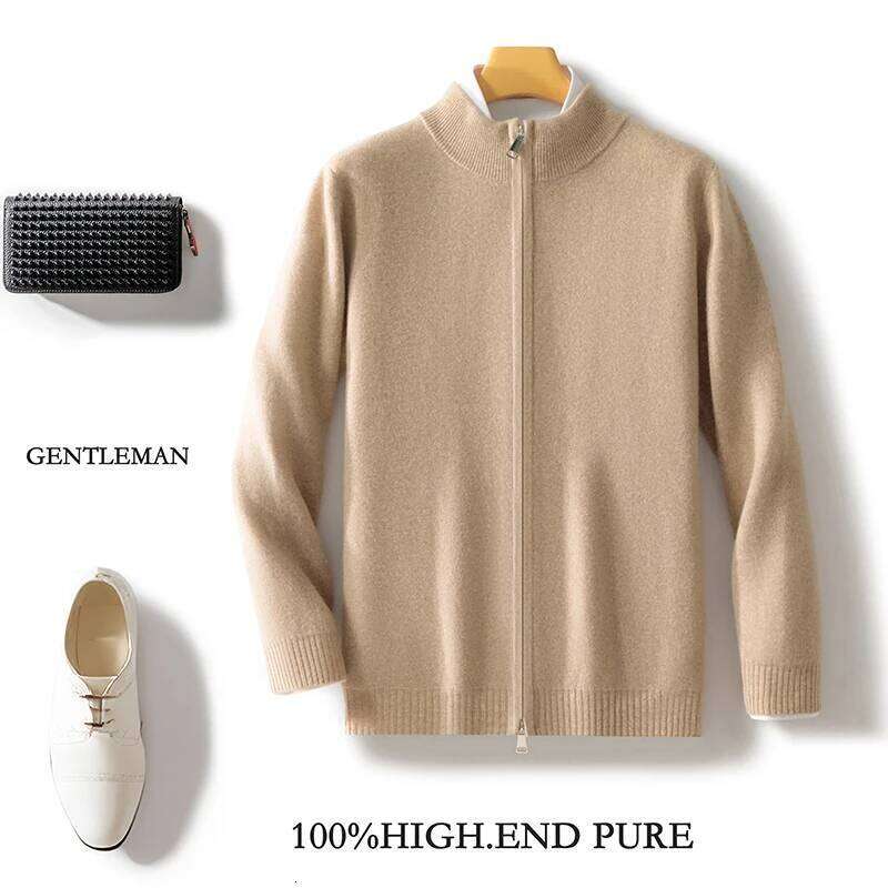 Men's 100% Merino Wool Warm Sweater Mock Collar Thickened Zippered Cardigan Autumn Winter New Cashmere Knitted Long Sleeve Tops MDNG