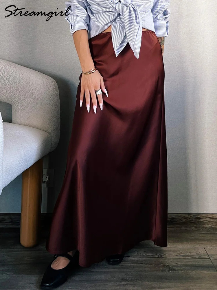 Long Black Satin Skirts Women For Work Summer Autumn Straight Brown Skirt Belt Coffee Formal Silk Maxi Ladies 250730