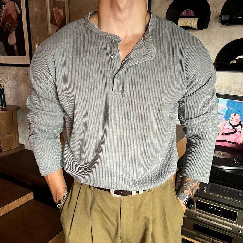 Loose Fit Long Sve Henry Collar T-irt Men's Autumn Winter plus Size 300 Pou Street Sle Slimming Base irt Top