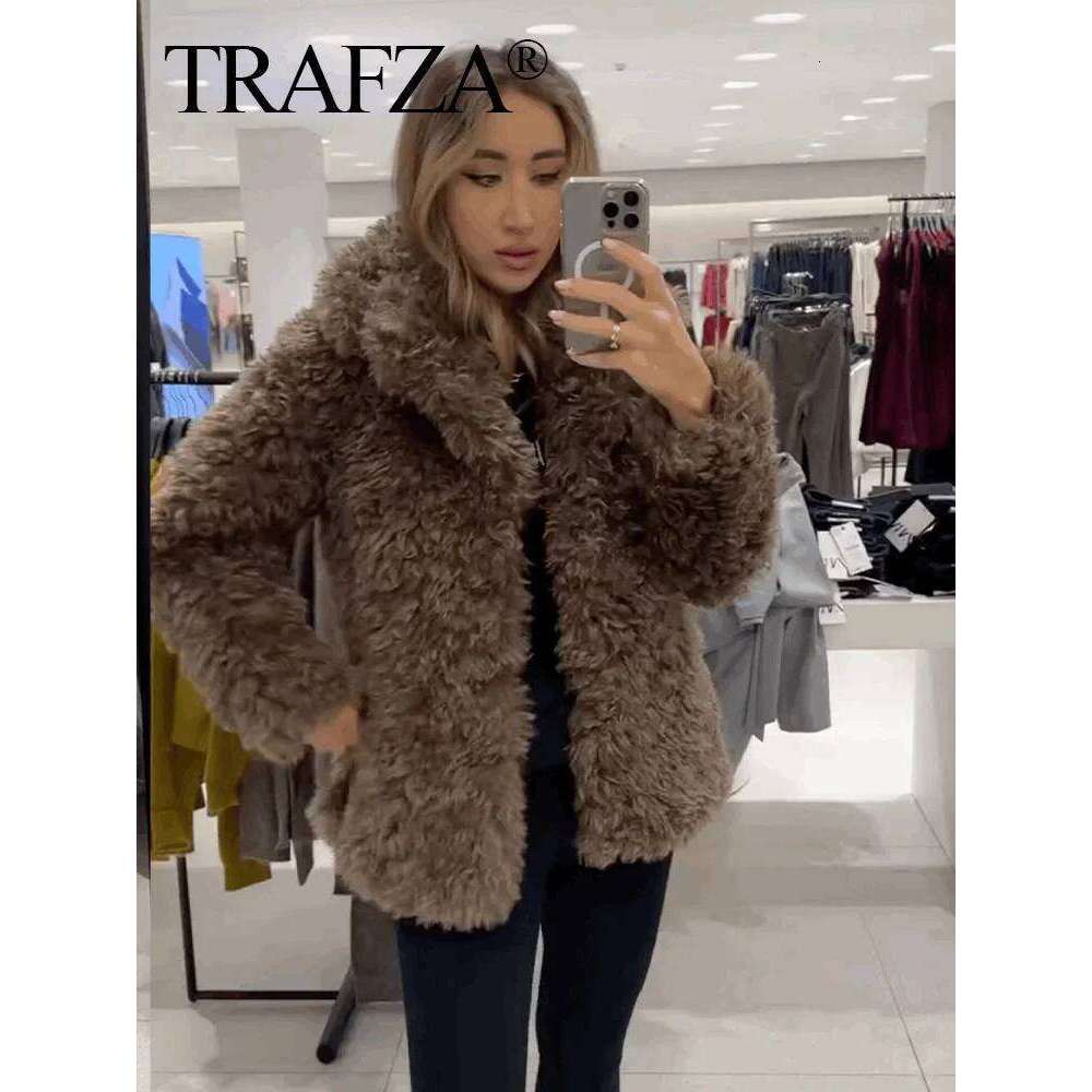 TRAFZA Women Winter Faux Fur Jacket Fashion Woman Slim Solid Brown Side Pockets Lapel Long Sleeves Casual Loose Warm Coat Mujer