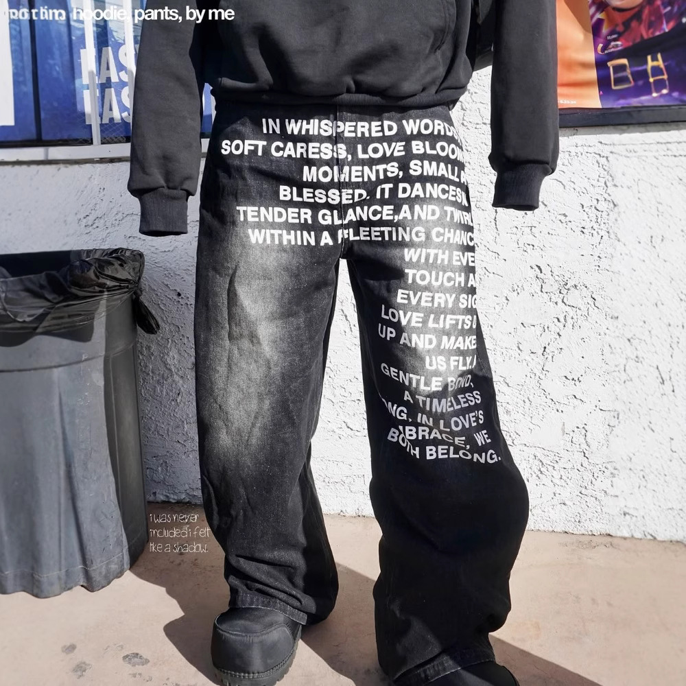 Men's Jeans Y2K Baggy Wide Leg Pants Fashionable Spray White Letters Dialogue Print Vintage Harajuku Men Women Black Street Wear