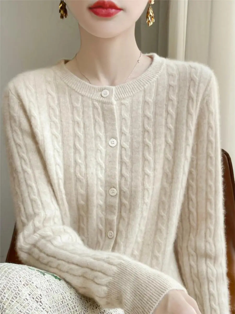 Autumn Winter Women Cardigans Oneck Solid Sweater Spring Long Sleeve Single Breasted Knit White Fashion Korean Jumper 250730