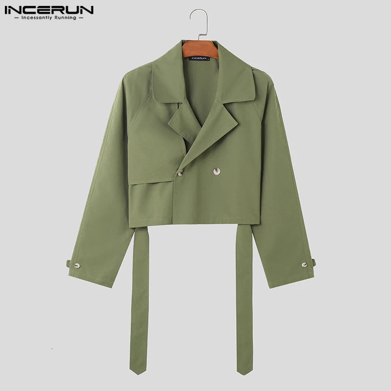 INCERUN Fashion Men Jackets Lapel Long Sleeve Solid Color Streetwear Male Crop Coats Loose Casual With Belt S5XL 250730