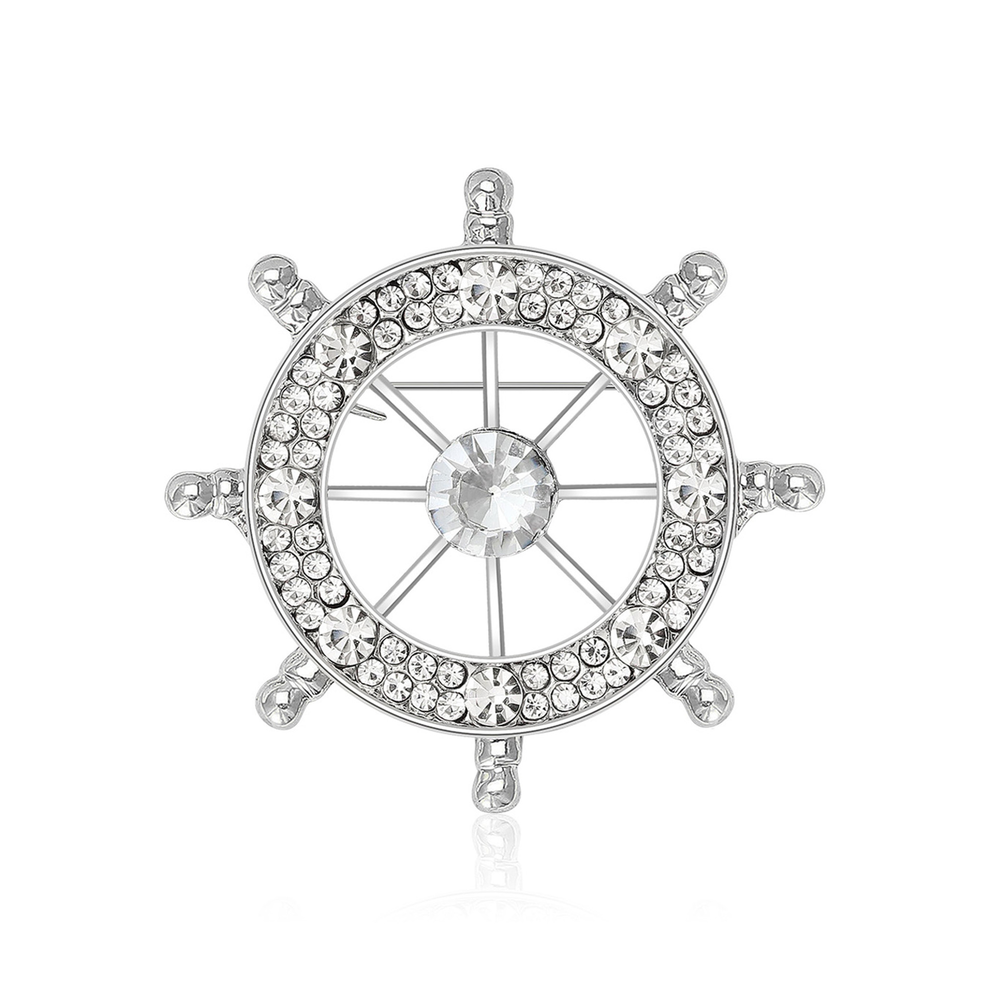 Gold Tone Rhinestone - Encrusted Ship Wheel Brooch Nautical Style Jewelry And Gift For Him/Her High Quality And Stylish Jewelry