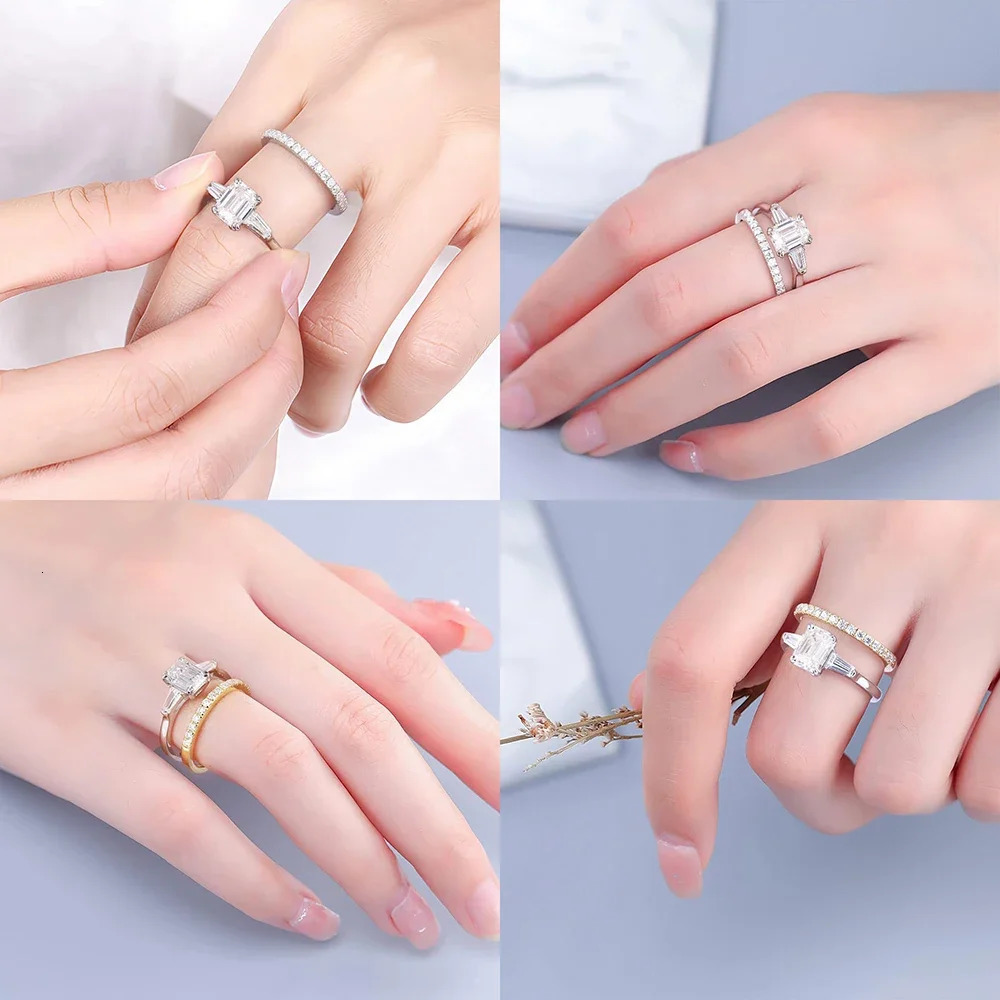 1-4CT Full Ring for Women 3 Stones Emerald/Trapezoid Cut Diamond S925 Sterling Silver Wedding Band with Certificate 250722