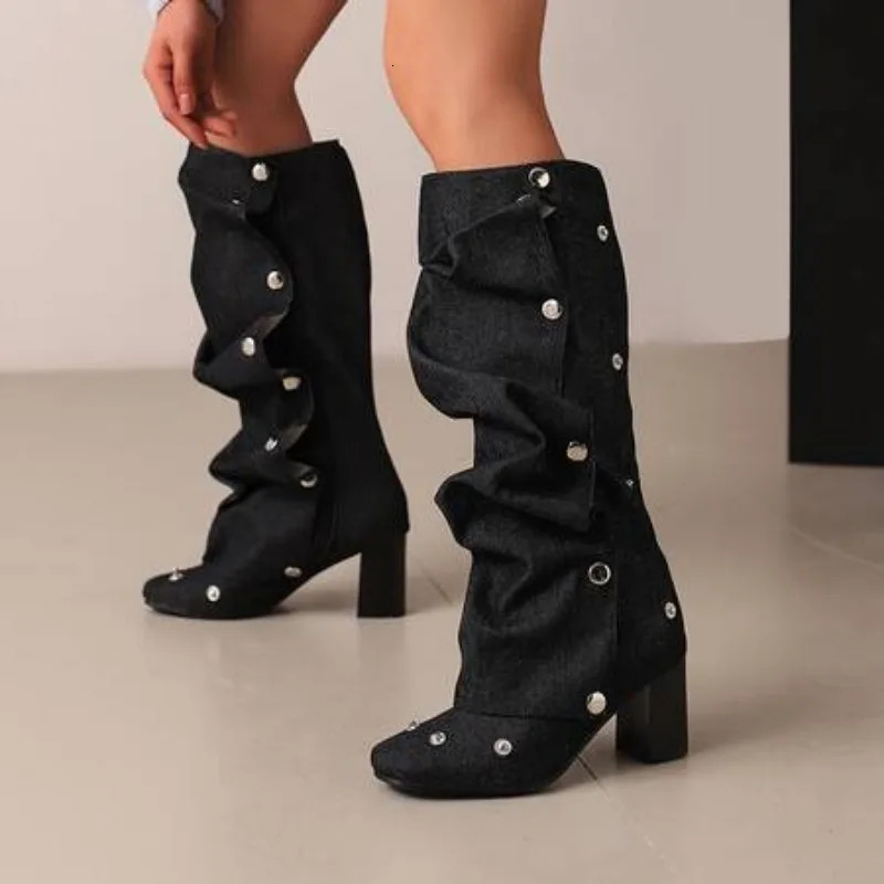 Denim Square Toe Boots Detachable Rivets 7cm Thick Heel and Knee Length Boots Winter Side Zipper Brown Trendy Boots 35-45 250729