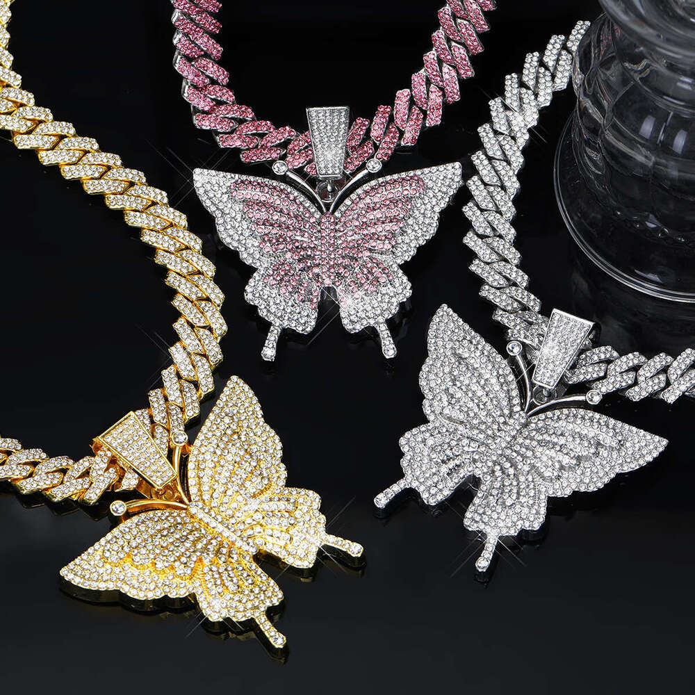 Hot Item Hip-Hop Style Necklace Fashion Alloy Full Dia Unisex Butterfly Pendant Cuban Chain