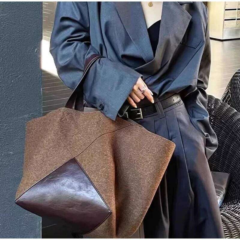 Genuine Large Capacity Tote Fashion Suede Geometric Patchwork Leather Shoulder Bag Women Retro Brown Handbag