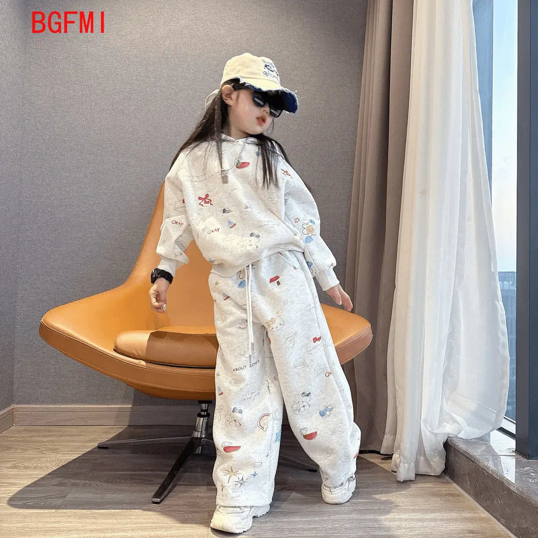 5-14Y Kids Casual Tracksuit Children Boys Cotton Zipper Hooded Jacket Loose Wide Leg Pants Set 2Pcs Sets Teen Girls Sport Suit 250729