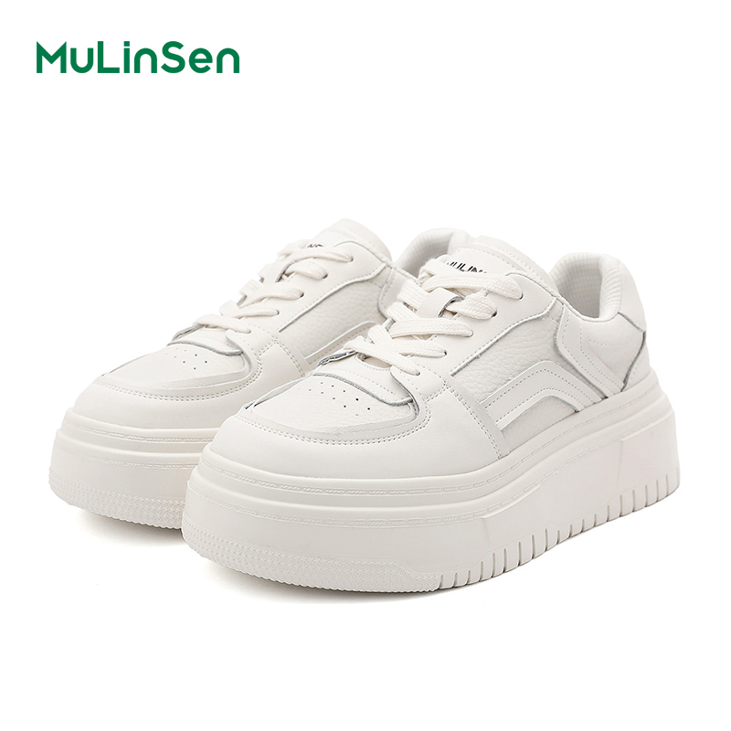 Mulinsen thick-soled white shoes for women 2025 new ins trendy all-match genuine leather platform shoes lightweight bread shoes casual sneakers