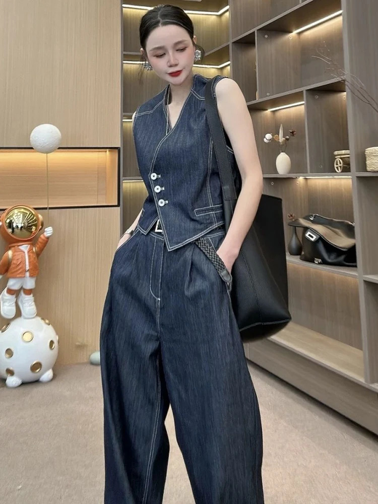 Summer Womens Denim Pants Suit Sleeveless Vneck Single Breasted Split Top Vest High Waist Wide Leg Lady Sets 250730