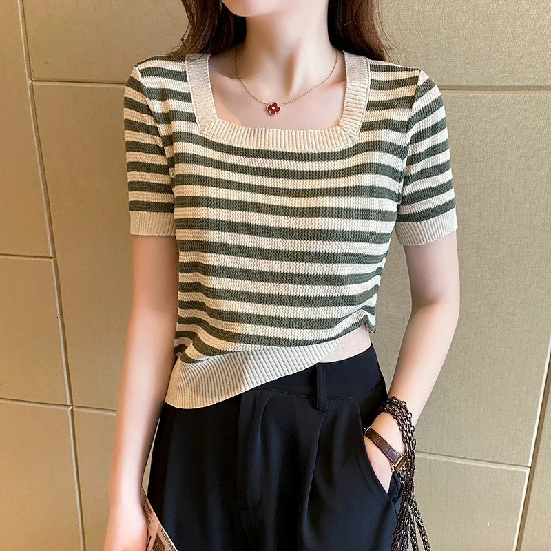 Summer Short Sleeve Striped TShirt Women Knitted Shirts Pullover Tops Female Elastic Casual Knit Tee Womens TShirts Crop Tops 250724