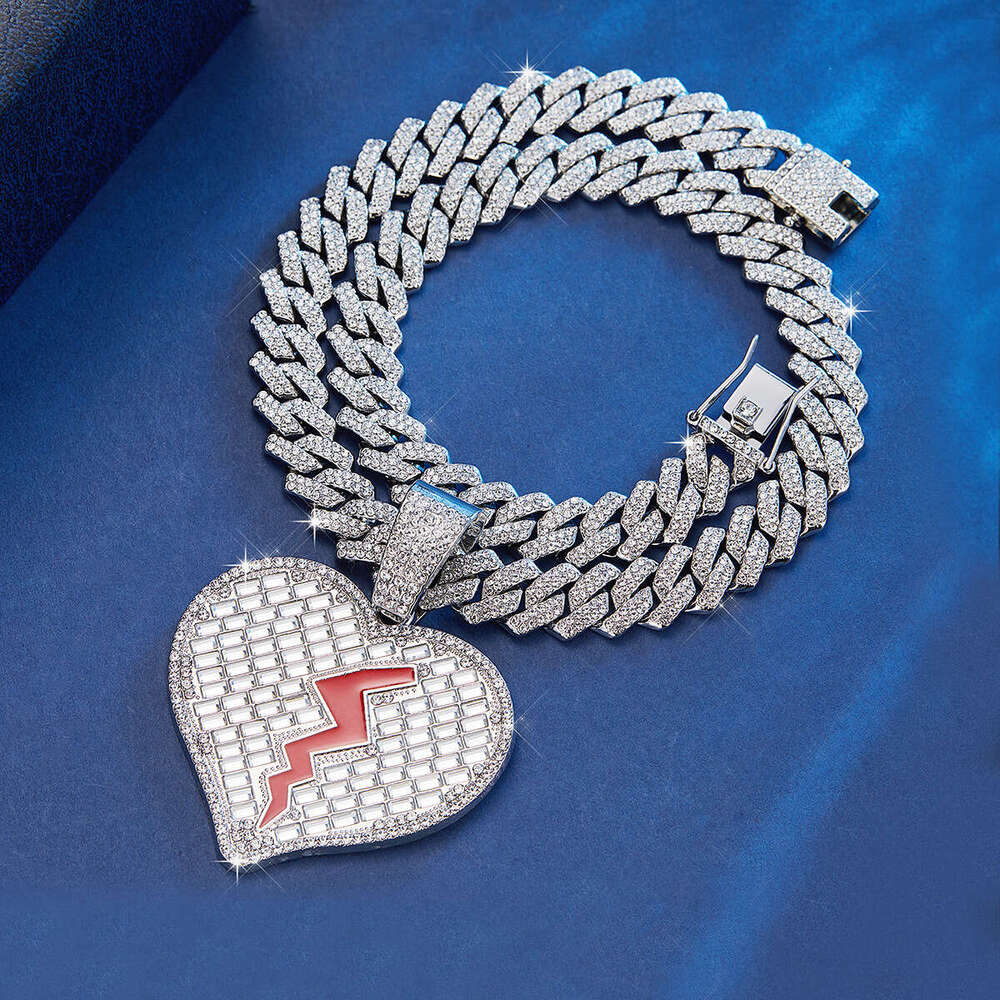 Full Dia Oil Drop Heartbreak Love Heart Pendant Hip Hop Exaggerated Alloy Cuban Chain Creative Trendy Necklace