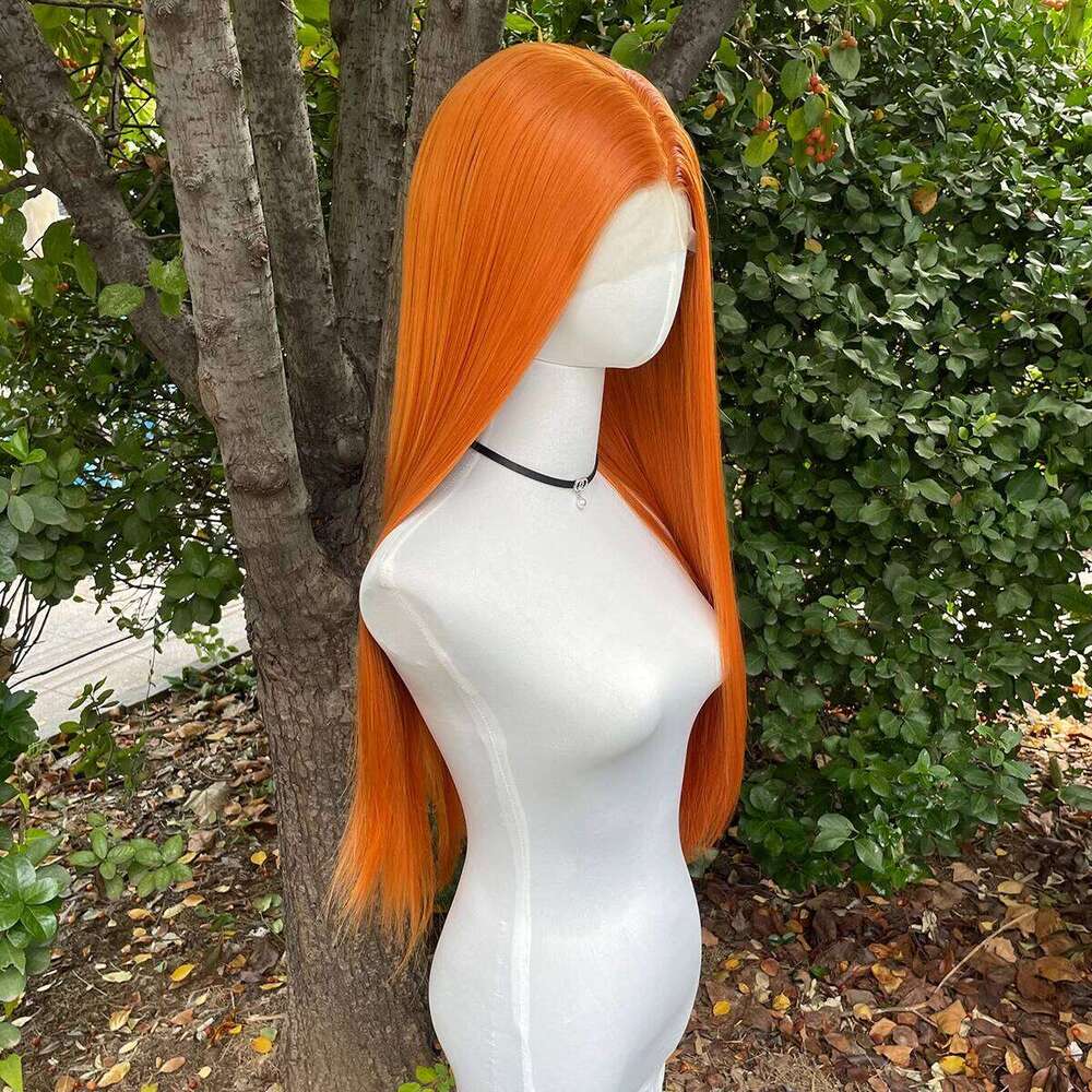Light Orange Long Straight 13X4 Synthetic Lace Front For Women 26 Inch Glueless Wig Half Hand Tied 150% Density Medium Cap