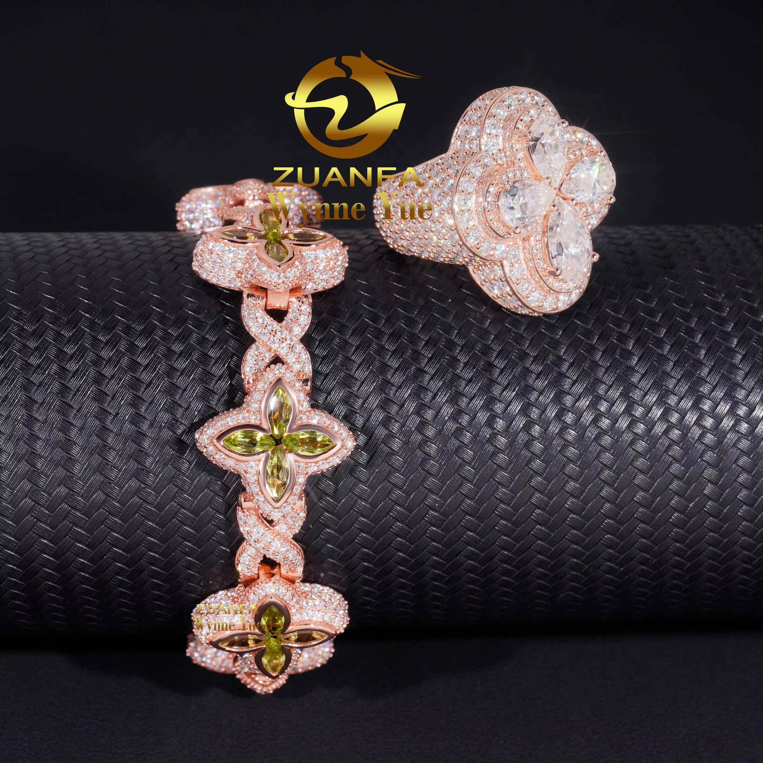 Hot Selling 925 Sterling Silver Marquise Flower Design Hip Hop Jewelry Iced Out Moissanite Infinity Clover Ring Bracelet Men