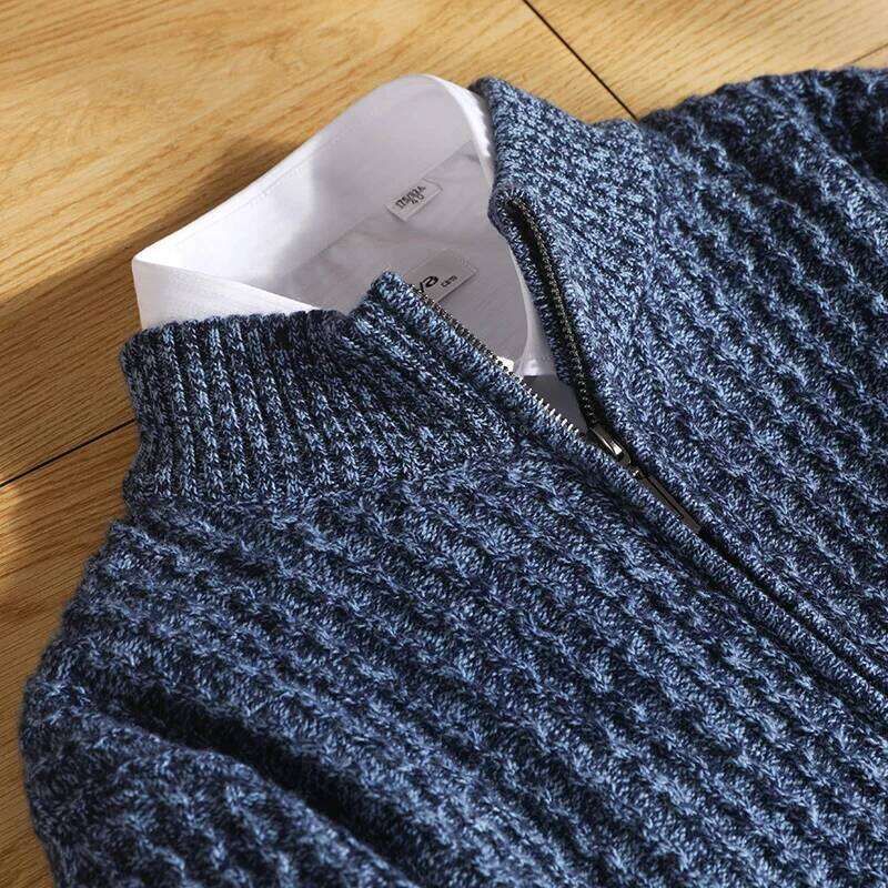 Men's Zipper Mock Collar Thickening Cardigan 100% Merino Wool Flower Yarn Sweater Cashmere Knitwear Autumn Winter Coat Tops MDNG