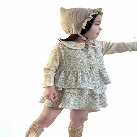 Autumn Baby Girls Sets Fragmented Flower Printed Kids Girls Sets Peter Pan Collar T-shirtButton VestSkirt Baby Girls 3pcs Sets 250729