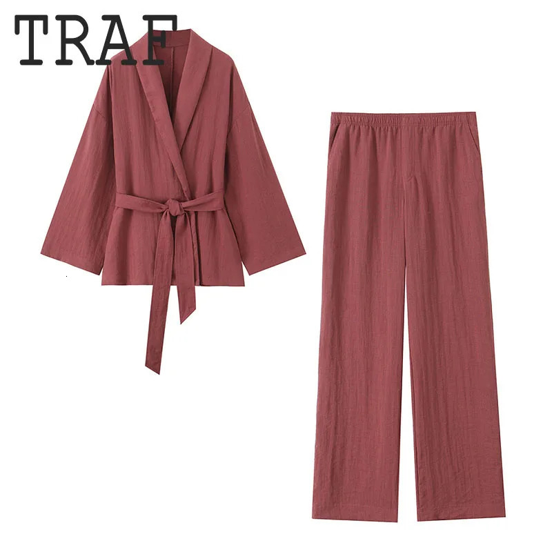 TRAF Women 2 Pieces Sets With Belt Kimono Style Coat Top Elastic Waist Long Pants Womens Suit Casual Outfit 250730