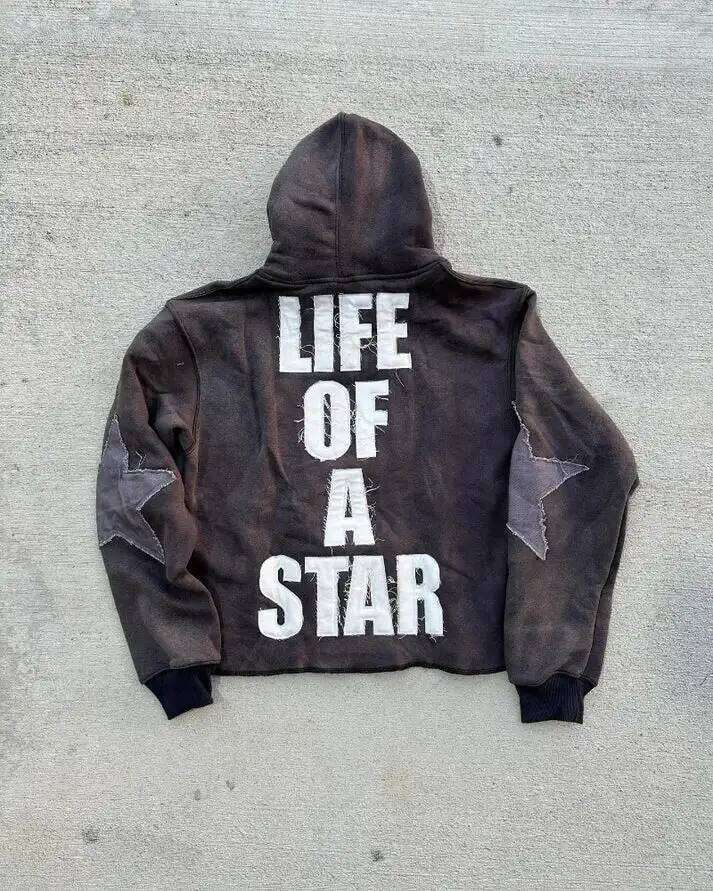 Gothic Retro Haruku Star Embroidered Letter Oversized Men's And Women's Y2K American Hip-hop New Trend Sports Hoodie