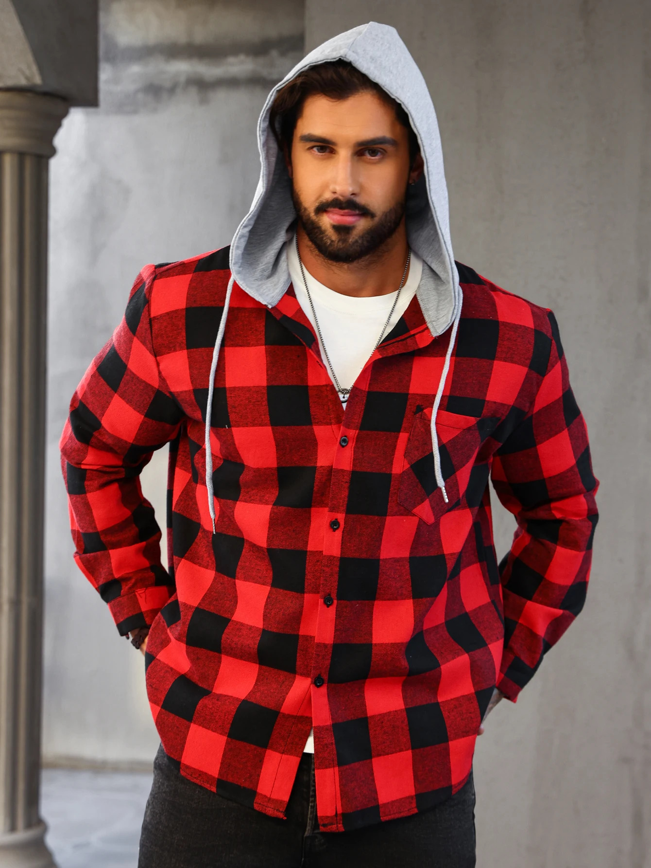 Mens Colorful Plaid Hooded Cardigan Color Block Sweatshirt with Pockets Top Jacket 250729