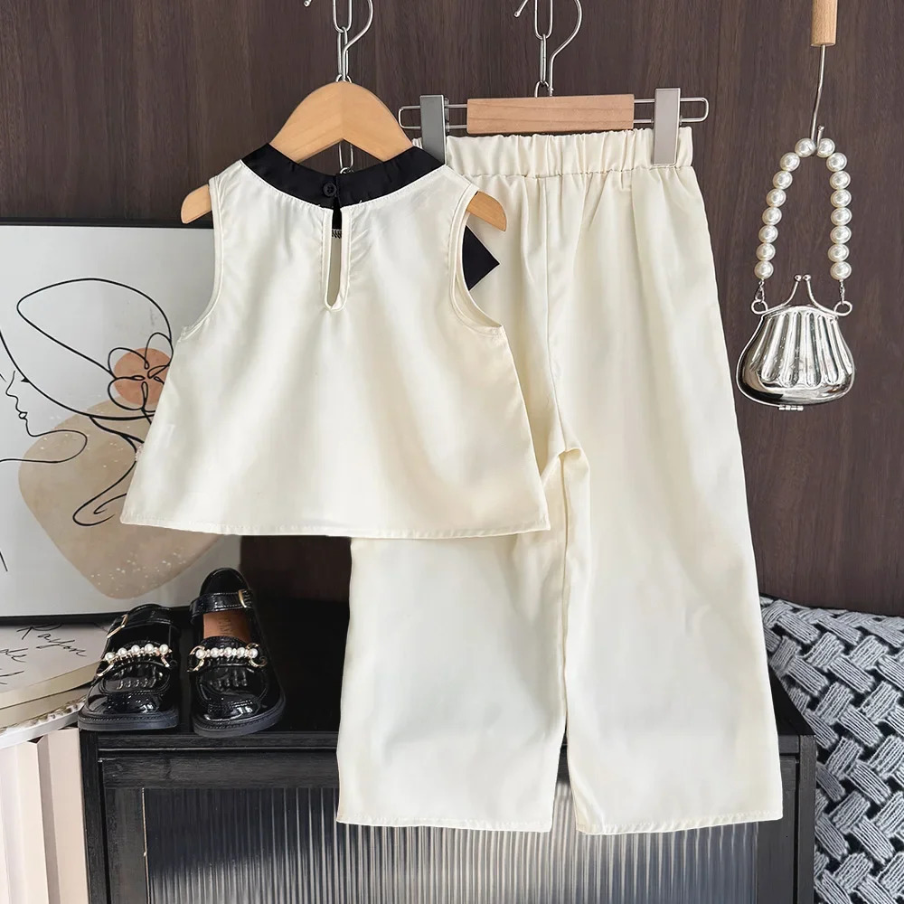 Korean Version Fashion Black and White Girl Birthday Party Casual Suit Bow Vest Dresswide Leg Pants Two-piece Set Summer 250729