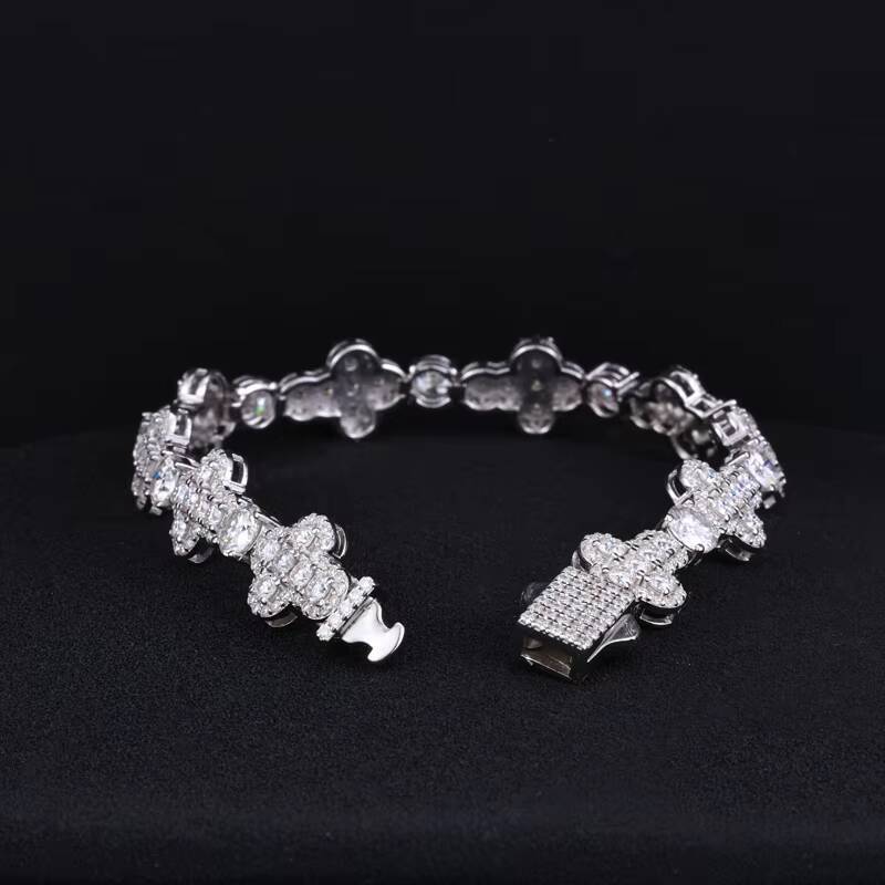 New Arrival Hip Hop Jewelry White Gold 10mm 925 Sterling Silver Vvs Moissanite Diamond Iced Out Cross Link Bracelet