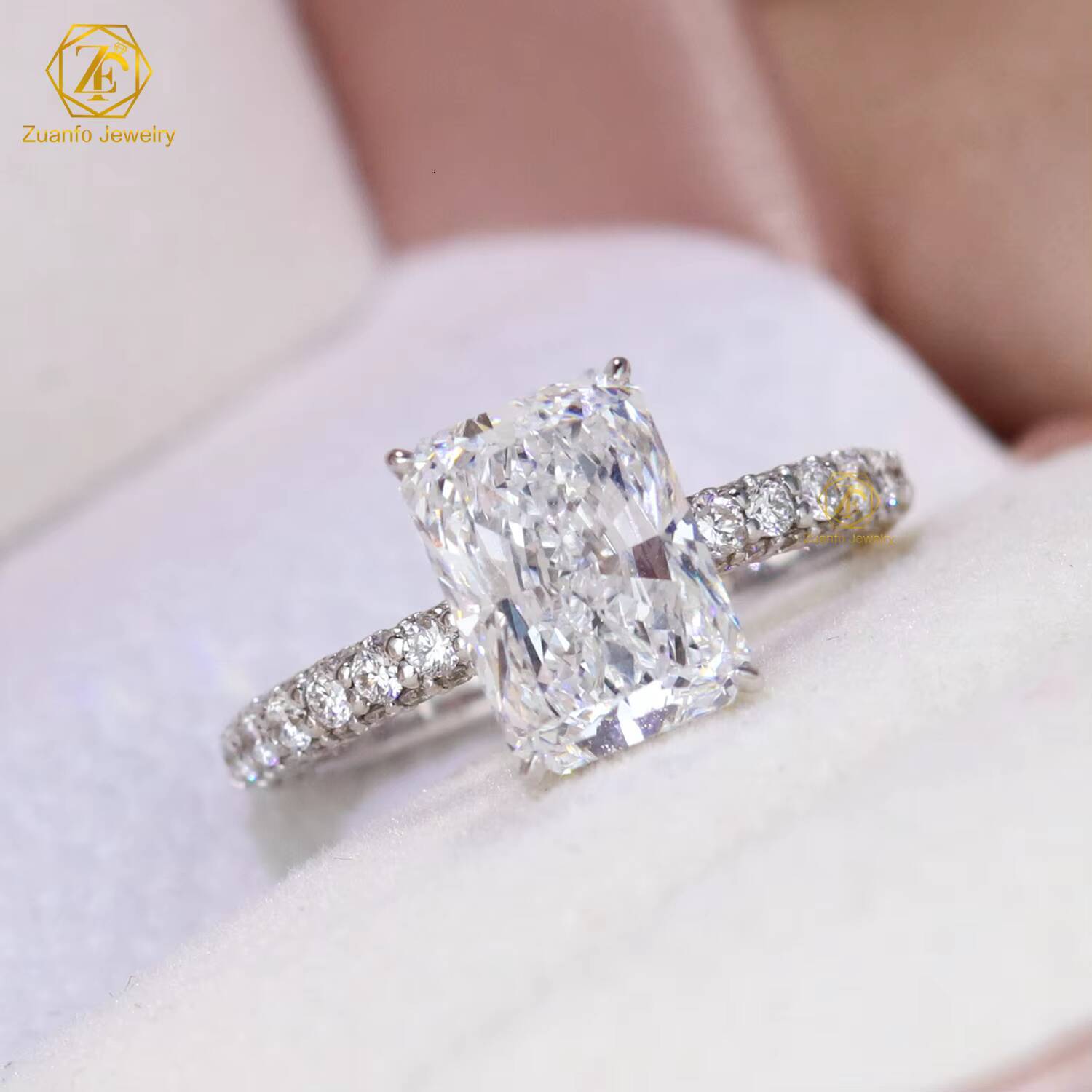 Luxury Design Women Moissanite Ring S925 14k 18k Real White Gold Ice Crushed Radiant VVS Moissanite Diamond Engagement Ring