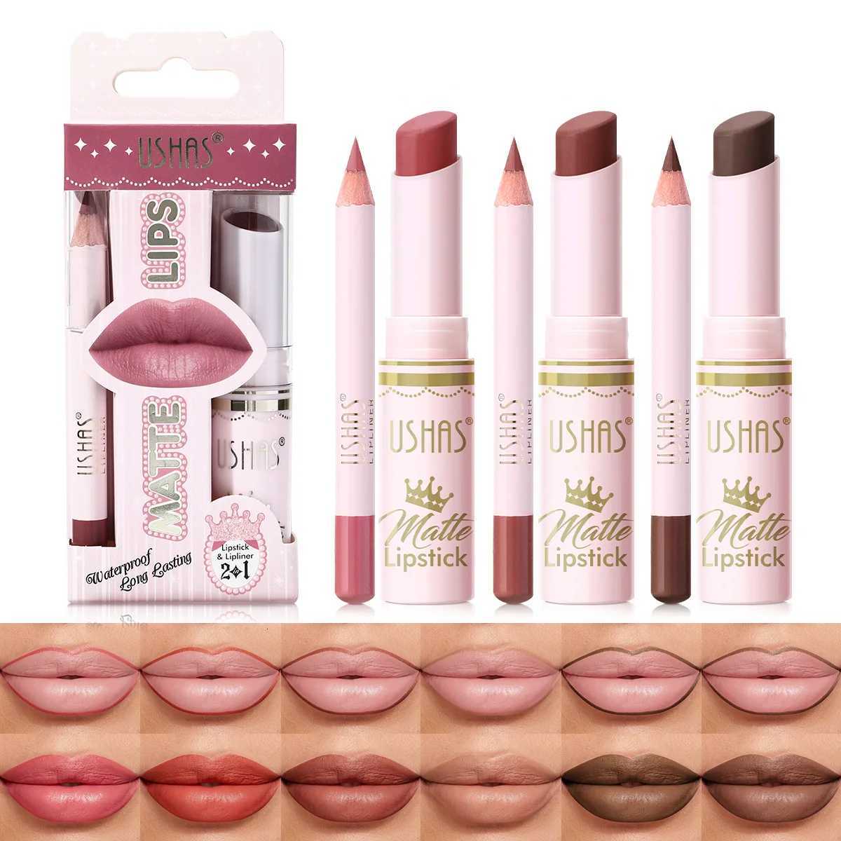 USHAS 6-color Matte Lipstick + Lip Liner Set Colorful Waterproof and Sweatproof Non-Stick Cup Colorful Set G250728